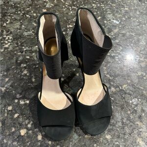Michael Kors 4” Black Suede Peep Toe Heels. Stretch Around The Ankle W/Logo